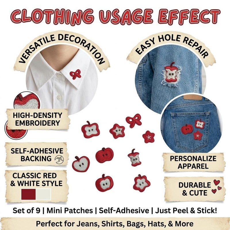 18PCS Cute Apple Self-Adhesive Embroidery Patch for Clothing Sewing Craft