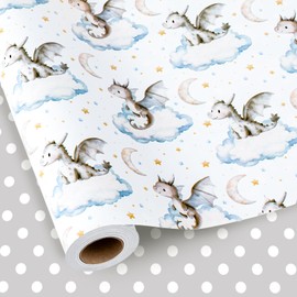 Yarcony Baby Boy Shower Wrapping Paper, Dragon Wrapping Paper, Cute Baby Dragon Theme First Baby Birthday Gift Wrap for Gift Packaging, Kid Celebration, Child Party, Gender Neutral (17 In X 33 Ft)