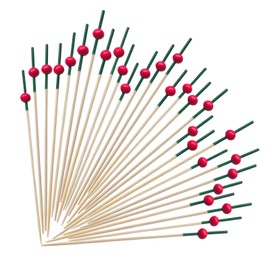 100 Pcs Cocktail Sticks 4.7 Inch, Fancy Toothpicks for Appetizers, Bamboo Long Sticks Fruit Skewers Sandwiches Desserts Food Toothpicks Decorative for Party Wedding Holiday (Red Christmas Bead)