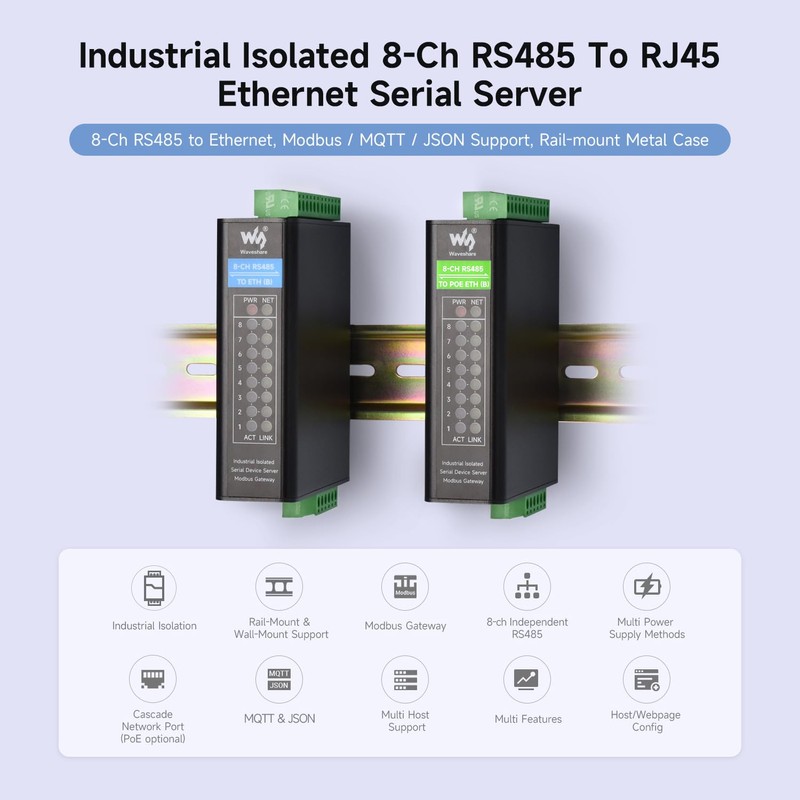 Waveshare 8-Channel RS485 to RJ45 Ethernet Serial Server, Independent Operation,