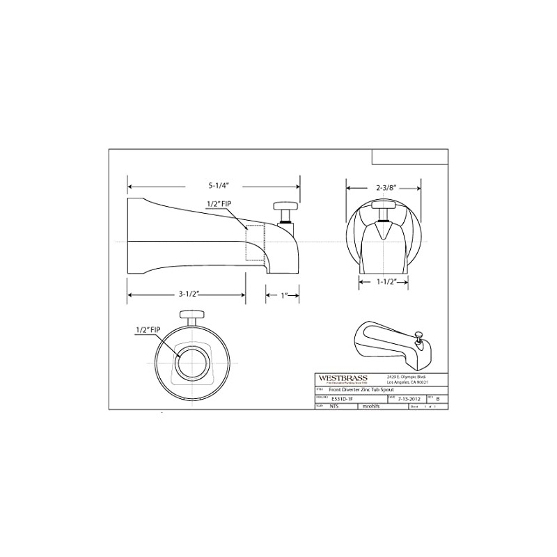 Westbrass A531D-1F-62 5-1/4" Reach Wall Mount Tub Spout with Front