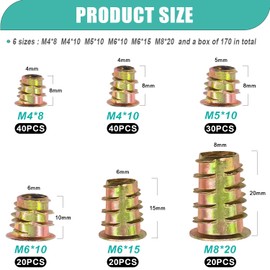 Taiss 170PCS Threaded Inserts Nuts,6 Sizes Wood Threaded Insert Kit,Furniture Screw in Nut Wood Inserts M4/M5/M6/M8 Threaded Inserts for Wood,Hex Socket Drive Screw Inserts for Wood Furniture,Cabinet