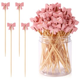 Lyreh 100pcs Bow Cocktail Picks, 4.72in Cute Pink Bow Cocktail Picks Pink Skewers for Drinks Elegant Drink Stirrers Toothpicks for Fruit Dessert Appetizers Party Supplies