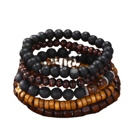 Multi Layered Beaded Bracelets for Men Black Brown Mens Tiger Eye Bracelet Set of 5 PCS Layering Natural Stone Crystal Bracelets Lava Wood Beads Bracelet Wristband Men’s Bracelets Jewelry Accessories