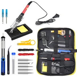 Kit de Soldadura, Kit de soldador Eléctrico Temperatura Ajustable, Cautin para Soldar Incluye 5 Puntas del Soldador, Dispositivo de Succión de Estaño, Soporte para Soldador,Pelacables 17 Piezas