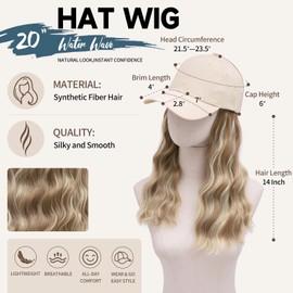 Hat Wigs 20" Hat with Hair Attached for Women,Long Wavy Extensions with Breathable Baseball Cap Wig for Daily Party(20inch,9H60A)