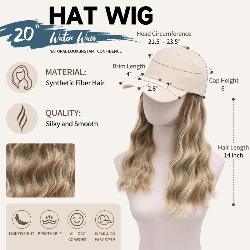 Hat Wigs 20" Hat with Hair Attached for Women,Long Wavy