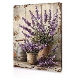 Qiukoo Wall Art Lavender Flower Canvas – Framed Pictures for Bedroom Wall Decor, Rustic Floral Wall Art with Pre-Mounted Frame & Hooks for Living Room, Hallway or Staircase, 12"x16"