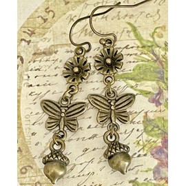 Bronze Flower, Butterfly and Acorn Earrings Nature Fall Jewelry Earrings for Women #3298FE3225