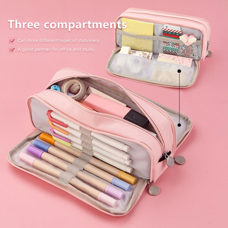 Pen Pencil Case 3 Compartments Canvas Portable Large Capacity Pencil