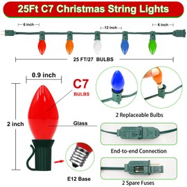 C7 Christmas Lights, 25 Ft Incandescent Christmas String Lights 27 Colorful Ceramic Bulbs Lights, Vintage Christmas Lights Hanging Outdoor Patio Holiday Wedding Christmas Decoration (Green Wire)