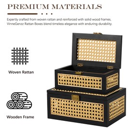 VinneGenzz Rattan Storage Boxes Decorative Handmade Natural Wood Baskets with Lid Wooden Frame Boho Rustic Wicker Box Stacking Woven Cane Bins Shelf Closet Desk Organizer Container (Black, Large)