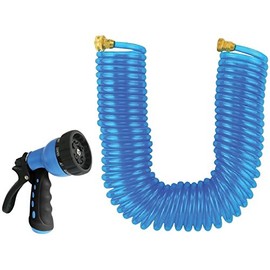 Rocky Mountain Landscapers Select Coiled Garden Hose with 10 Pattern Spray Nozzle 50 Foot by 3/8” - Leakproof - Heavy duty UV stabilized - Drinking Water Safe - Solid brass fittings