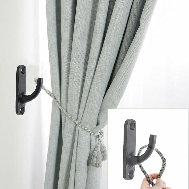 SUL Curtain Hold Tie Backs Black Hooks, U Shaped Wall