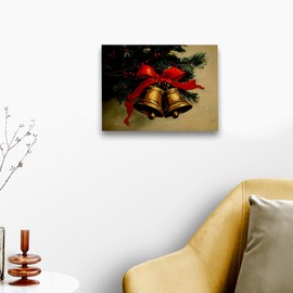 WODMIS Vintage Christmas Wall Decorations Framed Canvas Art, Cozy Winter Cottage Coquette Red Bow Xmas Bells Decor Canvas Home Decorations for Home Bedroom Living Room Wall Decor 11x14