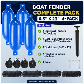 Five Oceans Twin Eye Ribbed Boat Fender Kit, Inflatable Boat Bumpers for Docking with Fender Lines 3/8-Inch x 5Ft, Multiple Size (.Blue., 6.5 x 23 Inch Fenders with Dock Lines Set)