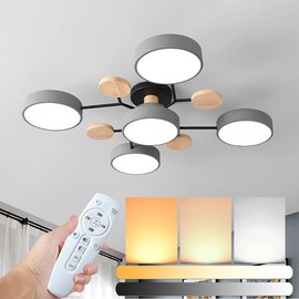 Liudefa Dimmable LED Ceiling Light Fixture,30 Inch 5-Lights Modern Ceiling Lights Flush Mount Wooden 40W Dimmable Chandelier for Living Room Bedroom,3000K/4000K/6000K with Remote Control Grey