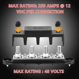 250 Amp Busbar Distribution Block 12 V - 48 V DC BusBar Box with Cover, 4 x M8 Power Distribution Blocks for or Cars, Motorhomes, Ships, Yachts