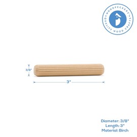 Wooden Dowel Pins 3 x 3/8 inch, Pack of 50 Fluted Dowel Joints for Woodworking, Furniture and Crafts, by Woodpeckers
