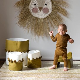 Organic Cotton Nursery Storage Bins with Pom Pom Accents | Small (9 x 10") | Ideal for Baby Registry | Stylish and Versatile Fabric Baskets for Toys, Diapers, and More, Sand Caslte (Ochre)