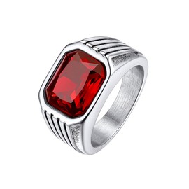 Bestyle Stainless Steel Rings for Men Boys - Classic Red Garnet Ring Square Signet Rings with Red Agate Gemstone Ring for Men, Retro Thumb Pinky Ring for Men, Size 8