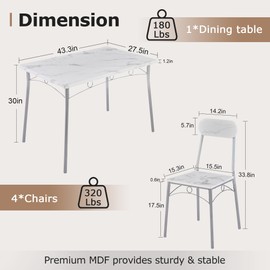 VECELO 5-Piece Kitchen Dining Table Set for 4, Rectangular Dinette with Wooden Chairs for Small Space, Apartment, Breakfast Nook, White