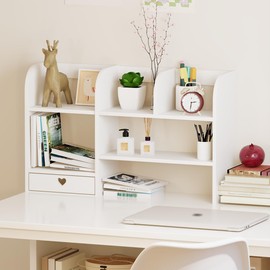 CONKAWACA Cute Bookshelves Cute Bookshelf for Desk Kawaii Desk Organizer with Drawer Office Desk Organizers and Accessories Storage Home Decor Display (White)