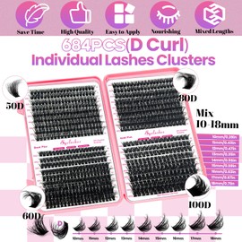 Qiveaory DIY Fluffy Lash Extension Kit with 684pcs Lashes Clusters,1X/2X Magnification Compact Mirror with Light,Lash Bond and Seal,Eyelash Remover Tweezers Applicator Mascara Brush(50-60-80-100D)