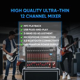 FULUODE 12 Channel Mixer Audio Console, CT-120S Professional Music Mixer DJ Mixing Board with Reverb Bluetooth MP3 Player 48V Phantom Power Supply USB Recording for Studio Karaoke Live Performance