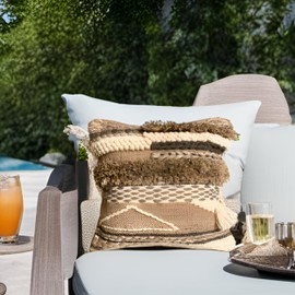 Decorative Boho Pillow Cover, 18” x 18” Square, Moroccan Rustic Throw with 3D Tufted Accents for Couch, Sofa, Patio or Bed, Plush Handwoven, Neutral Farmhouse Home Decor (Soft Neutral Brown)