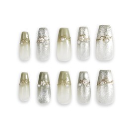 THCEVRLA Handmade Nail Tip, Medium, Long Short, Ballerina, Green Flash, 3D Popular, Nail Sticker, Cute, False Nails, Comes with Box of 10