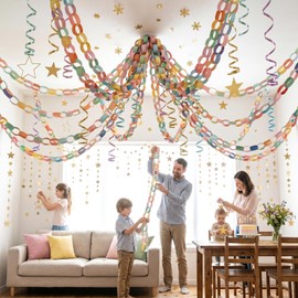 ABOAT Pastel Paper Chain Garland Kit & Mirror Star Garland, 800 Pre-Cut Strips with Double Sided Tape, Multicolor Pastel Craft Paper for Fancy Nancy, Birthday, Wedding & Festival Decor, 3x8.27 Inches