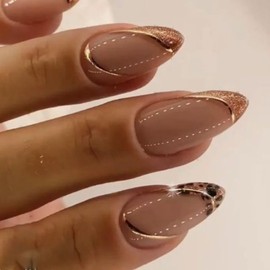 Fall Press on Nails Medium Almond SWEKKE French Tip Fake Nails Brown Full Cover Leopard False Nails with Designs Gold Line Glitter Glossy Glue on Nails Manicure Artificial Nails for Women Girls 24Pcs