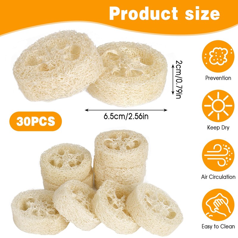Pack of 30 Natural Loofah Sponge Soap Pads, 100% Loofah
