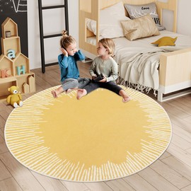 Lacomfy Modern Abstract Rug 5Ft Round Chic Sunshine Rug Nonslip Bedroom Carpet for Kids Nursery Living Room Sun Play Mat Circle Throw Rug for Indoor Home Decor, 5.2Ft, Yellow