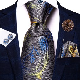 Hi-Tie Blue Grey Ties for Men Silk Paisley Men's Ties and Flower Lapel Pin Set Pocke...