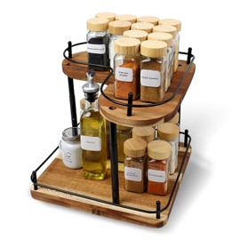 SAOCAIHUL Acacia Wooden Spice Rack Organizer Rotating Countertop 2 Tiered Display Shelf Kitchen Adjustable Height Spinning Spice Rack 11.8INCH Large Capacity