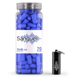 Sanquell Soft Disposable Foam Ear Plugs, 70 Pairs, SNR 38 dB Hearing Protection, Includes Aluminium Case, for Sleep, Travel, Work, and Study - Blue