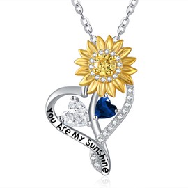 Cubic Zirconia Sapphire Necklace April September Birthstone You Are My Sunshine Necklace Sterling Silver Sunflower Necklace for Women Sunflower Pendant Jewelry Mother's Day Gifts for Women