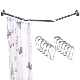 Adjustable Silver Corner Shower Curtain Rod with 12 Hooks, 31-41 Inch Diamond Shaped Shower Curtain Rod, Curved Rustproof 304 Stainless Steel Shower Rod for Bathroom Bathtub Drill and No Drill