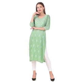 Ladyline Women's Rayon Tunic Top - Self Chikan Embroidered Plain Round Neck Kurti Kurta(REK SHLK850) (46/ Pista-Green)