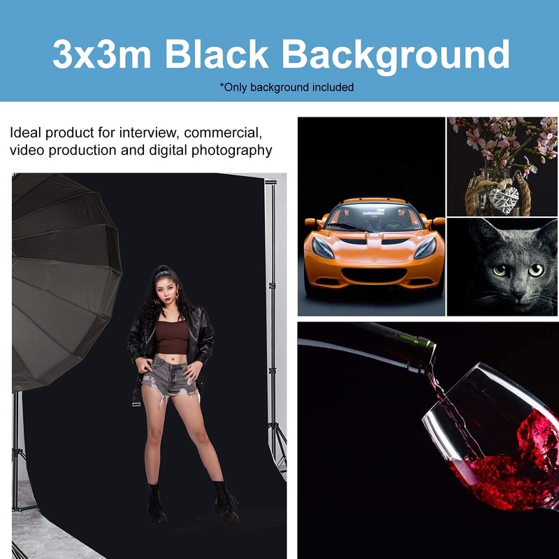 BOLLUMA 3x3m Black Screen Background Photography Backdrop, 100% Cotton Muslin