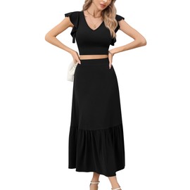 Missufe Women's 2-Piece Outfits Summer Ruffle Crop Top and Long A-Line Skirt Set Two Piece Suit, black