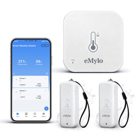 eMylo WiFi Thermometer Hygrometer 3 Pack with Hub, Smart Indoor Outdoor Temperature Humidity Sensor, IP65 Waterproof, App Alerts, 492ft Range, Alexa Google Home Compatible,Greenhouse Baby Room Monitor