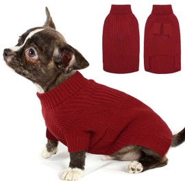 Small Dog Sweater, Classic Cable Knit Clothes with Leash Hole for Cold Weather, Turtleneck Pullover Dog Jumper Coat Warm Sweartershirts for Chihuahua, Bulldog, Dachshund, Pug, Yorkie (Red, S)