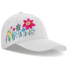 Floral Embroidered Baseball Cap for Girls Women Men - Adjustable Soft Breathable Cotton Hats for Fall Gifts (White)