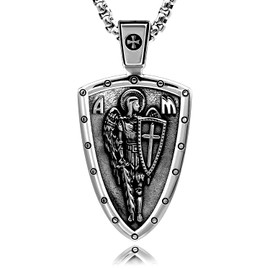 VENICEBEE® Archangel St. Michael Protect Us Saint Medal Cross Sword Shield Protection Unique Solid 925 Sterling Silver Pendant Necklace + Velvet Pouch, Polishing Cloth, Fine Gift Box