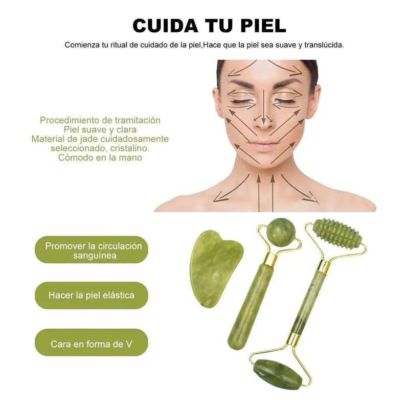 3pcs Rodillo De Masaje Facial De Jade Gua Sha Rejuvenece