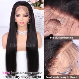 Iris Queen 12A 13x4 Straight HD Lace Front Human Hair Wigs Pre Plucked 180 Density Transparent Lace Frontal Wig with Baby Hair for Women Natural Black Color(26 Inch)