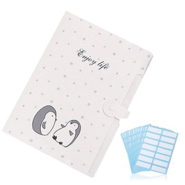 1 Pcs Cute Cartoon Plastic A4 Expanding File Folder Pockets Accordion Document Organizer and 168 Pcs File Folder Labels (Penguin White)